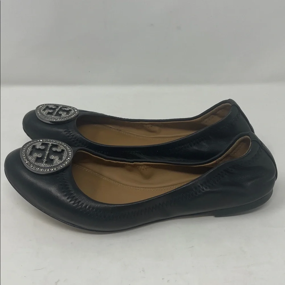 Tory Burch Black Ballet Flats with Silver Rhinestone Logo Size 6.5